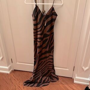 BR Bronze and Black Zebra Striped Silk Maxi Dress NWT XS slits, adj straps